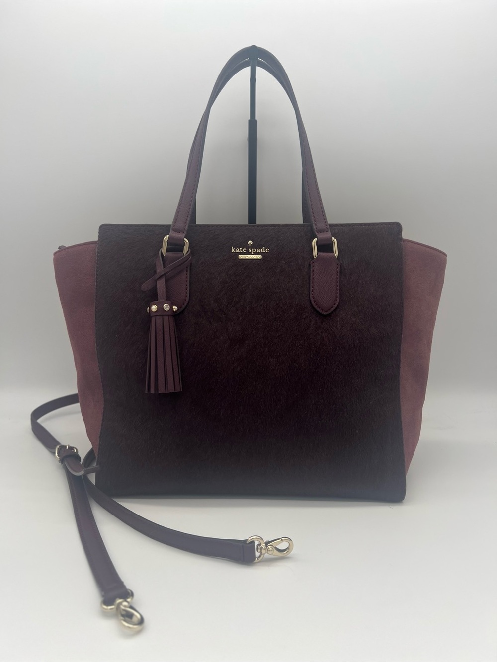 Kate Spade New York Burgundy Calf Hair & Suede Satchel Tote Crossbody Bag